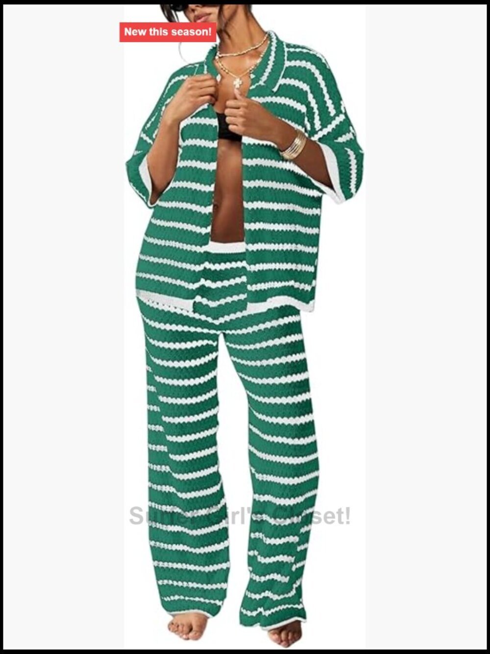 Striped Short Sleeve Knit Cardigan and Wide Leg Pants Lounge Set